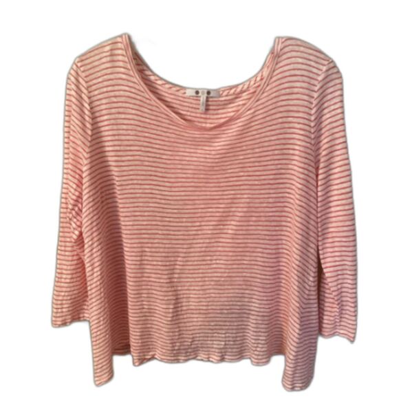 THREE DOTS SIZE LARGE WHITE RED STRIPED LINEN BLEND 3/4 SLEEVE FLYAWAY BACK TOP - Picture 1 of 5